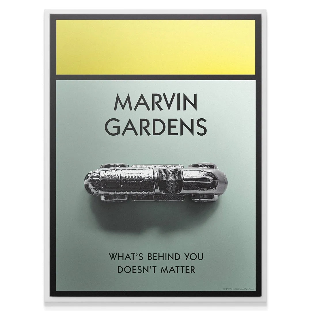 Detail view of the yellow color block header area and property name on the Marvin Gardens 3D print.