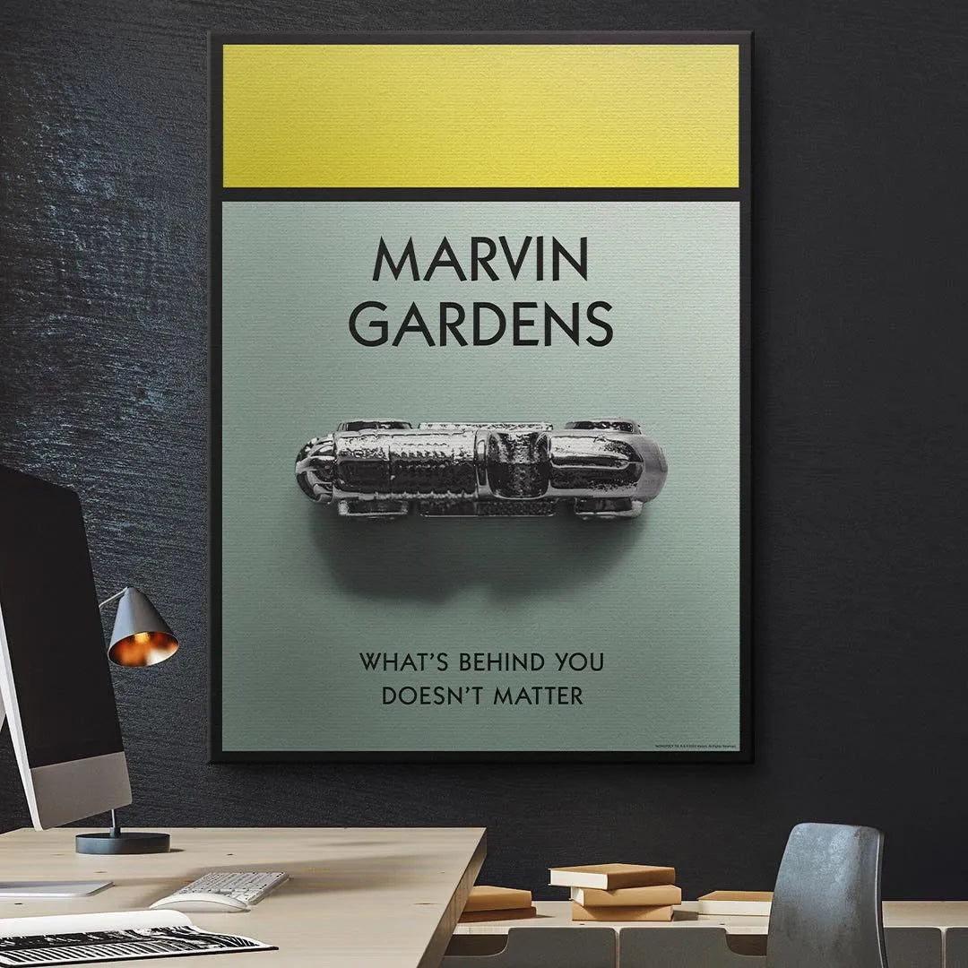 Angled shot showing the depth illusion of the metallic element in the framed Marvin Gardens 3D artwork.