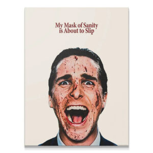 Close-up of Patrick Bateman's screaming face covered in blood, illustrating the slipping 'Mask Of Sanity'.