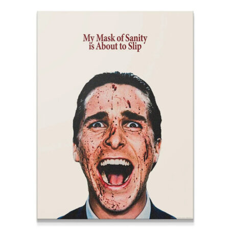 Close-up of Patrick Bateman's screaming face covered in blood, illustrating the slipping 'Mask Of Sanity'.