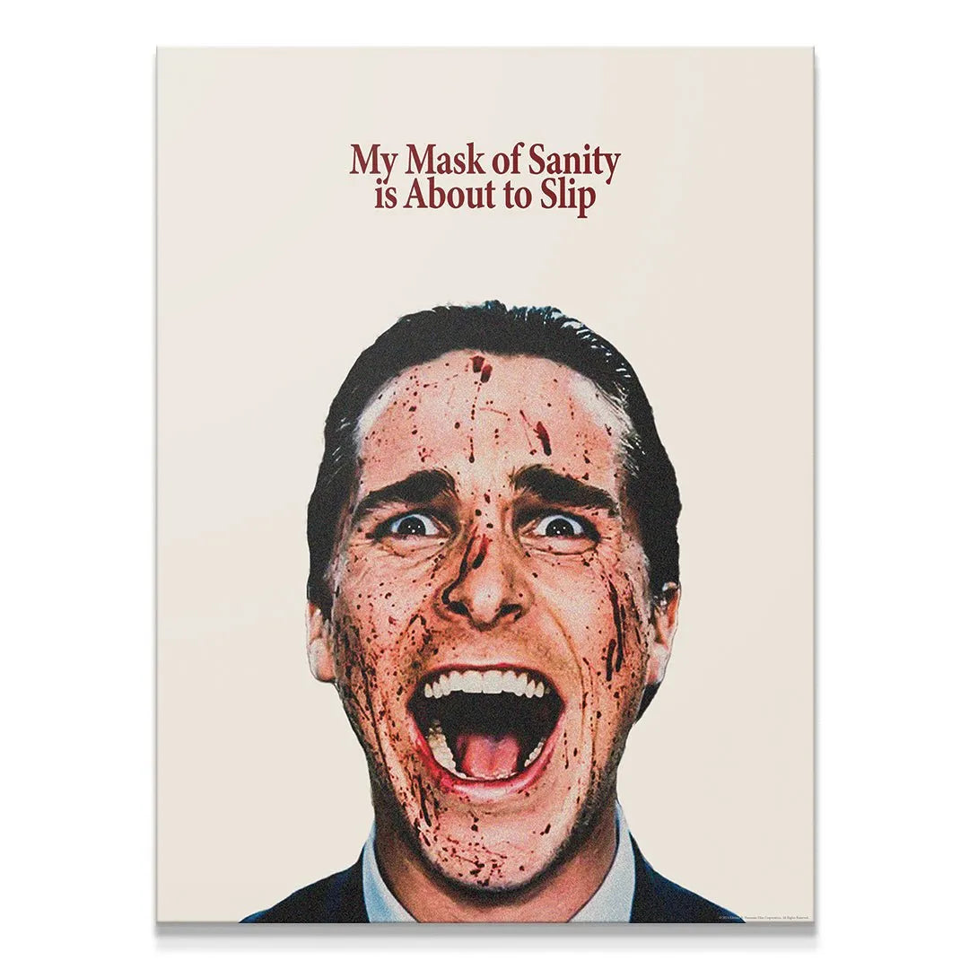 Close-up of Patrick Bateman's screaming face covered in blood, illustrating the slipping 'Mask Of Sanity'.