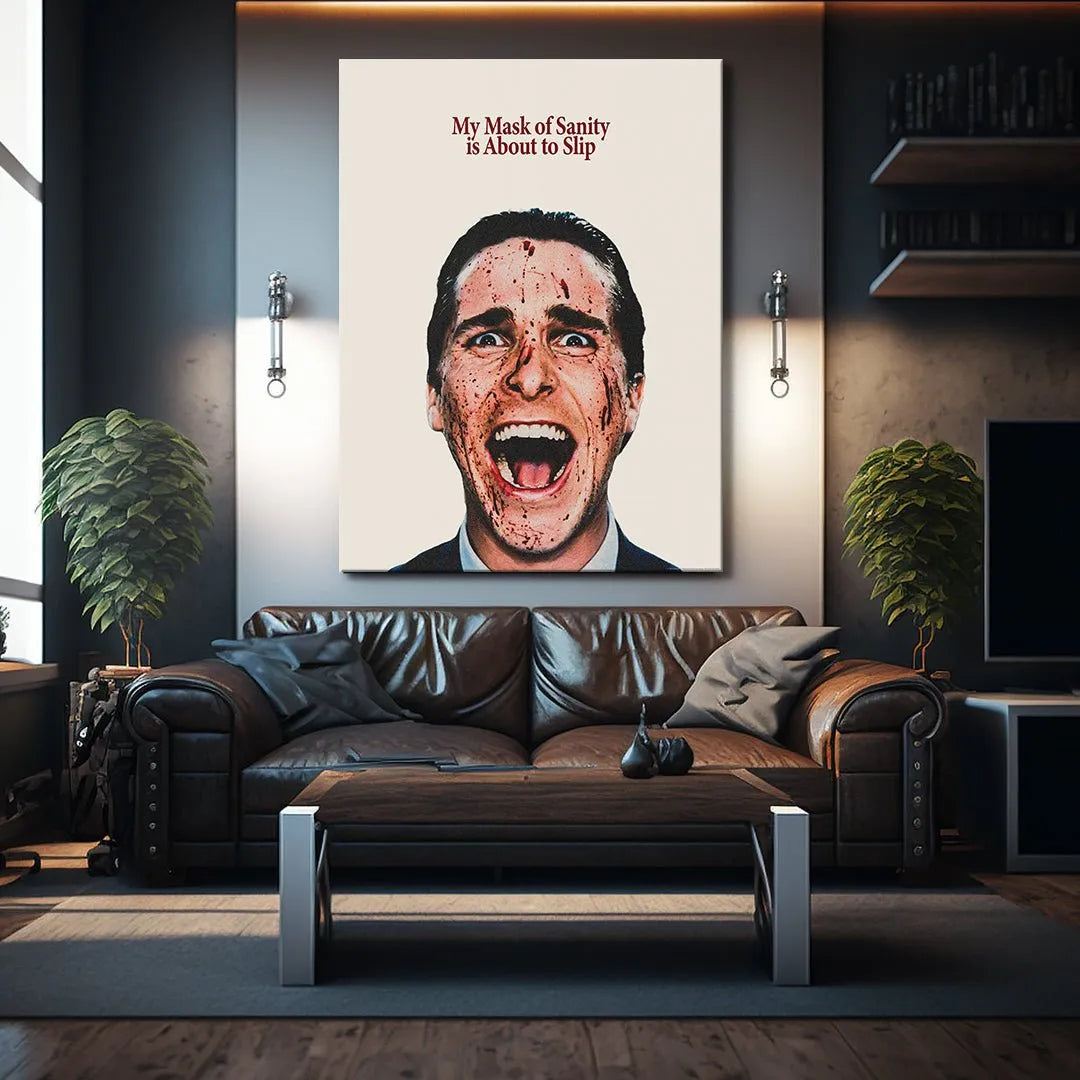Vintage color palette of cream, maroon text, and crimson splatters used in the 'Mask Of Sanity' artwork.