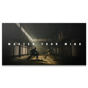 Wide shot of the intense dojo training scene featuring the central text Master Your Mind.