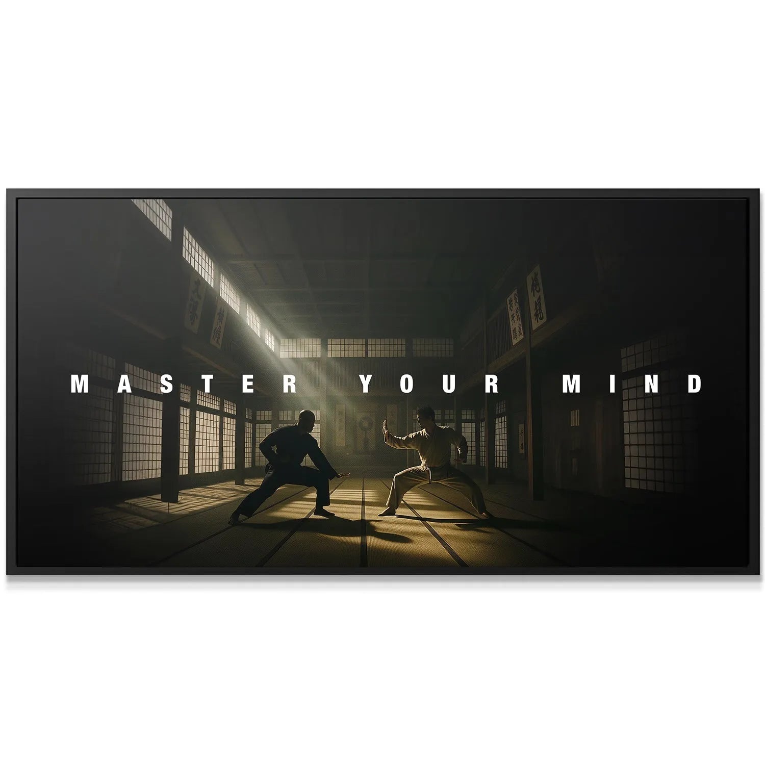 Dramatic high-contrast lighting angle illuminating the shoji screens in the Master Your Mind print.