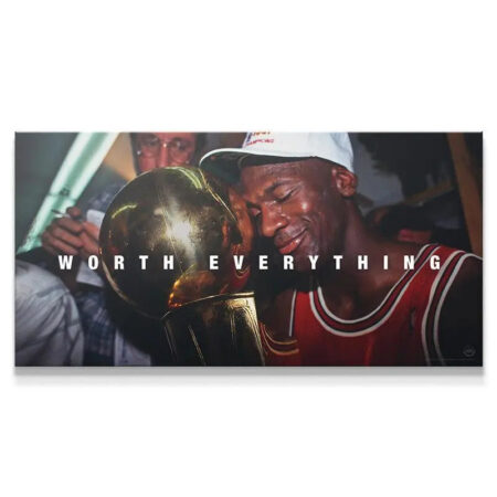 Person holding a trophy with 'Worth Everything' text and NBA logo.