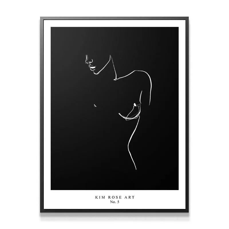 Full framed view of the Mathild - Black abstract nude figure artwork against a bright wall.
