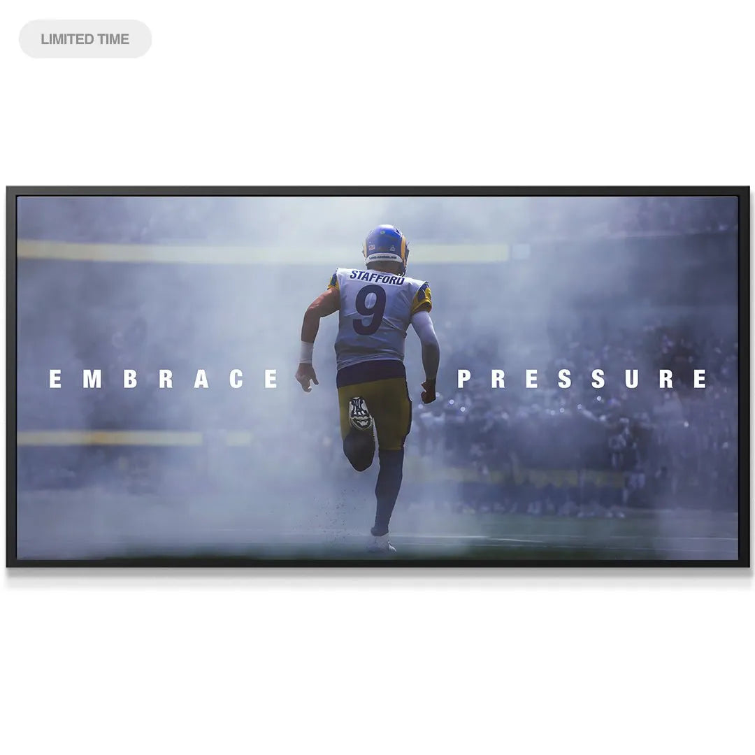 Close-up texture of the 'Matthew Stafford - Embrace Pressure' canvas showing jersey number 9 and fog detail.