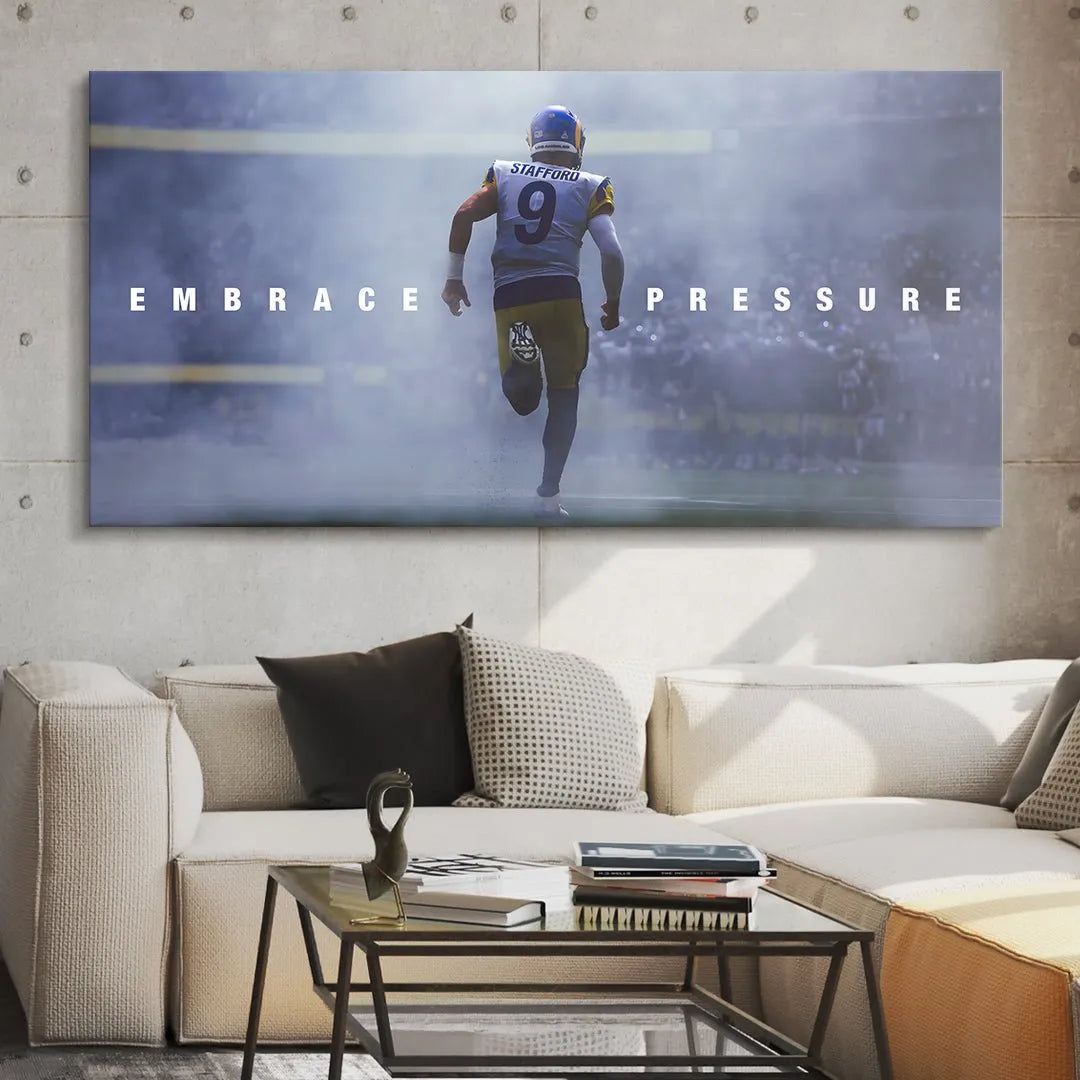 Lifestyle mock-up of the Matthew Stafford - Embrace Pressure print displayed above a modern office desk.