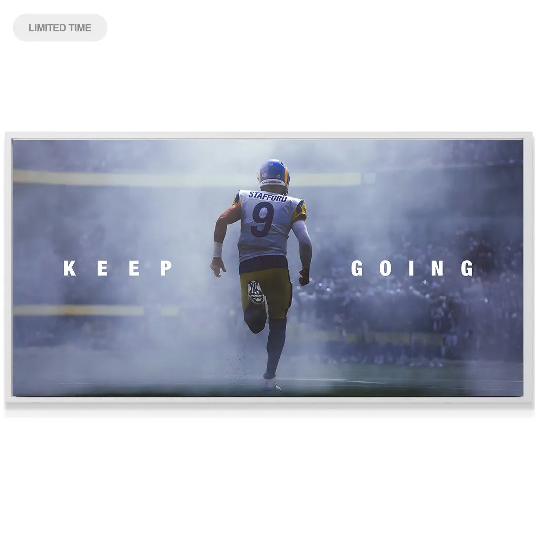 Lifestyle shot of the Matthew Stafford - Keep Going artwork displayed in a modern office setting.