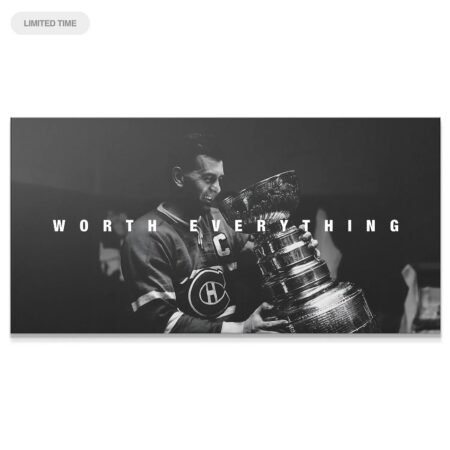 Black and white close-up of Maurice Richard smiling while holding the Stanley Cup, titled Maurice Richard - Worth Everything.
