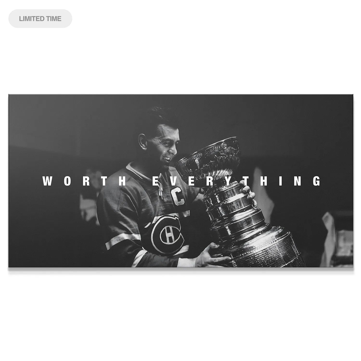 Black and white close-up of Maurice Richard smiling while holding the Stanley Cup, titled Maurice Richard - Worth Everything.