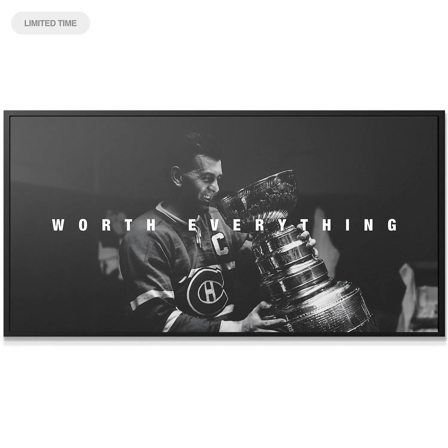 Full landscape view of the iconic sports photograph Maurice Richard - Worth Everything, showing the overlayed text clearly.