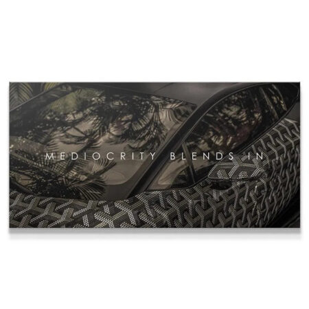 Close-up of patterned vinyl wrap on luxury sports car featuring 'Mediocracy Blends In'.