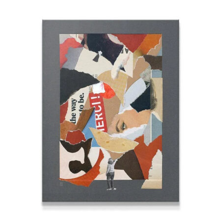 Full, centered view of the "Merci" mixed media collage art against a dark grey mounting board.