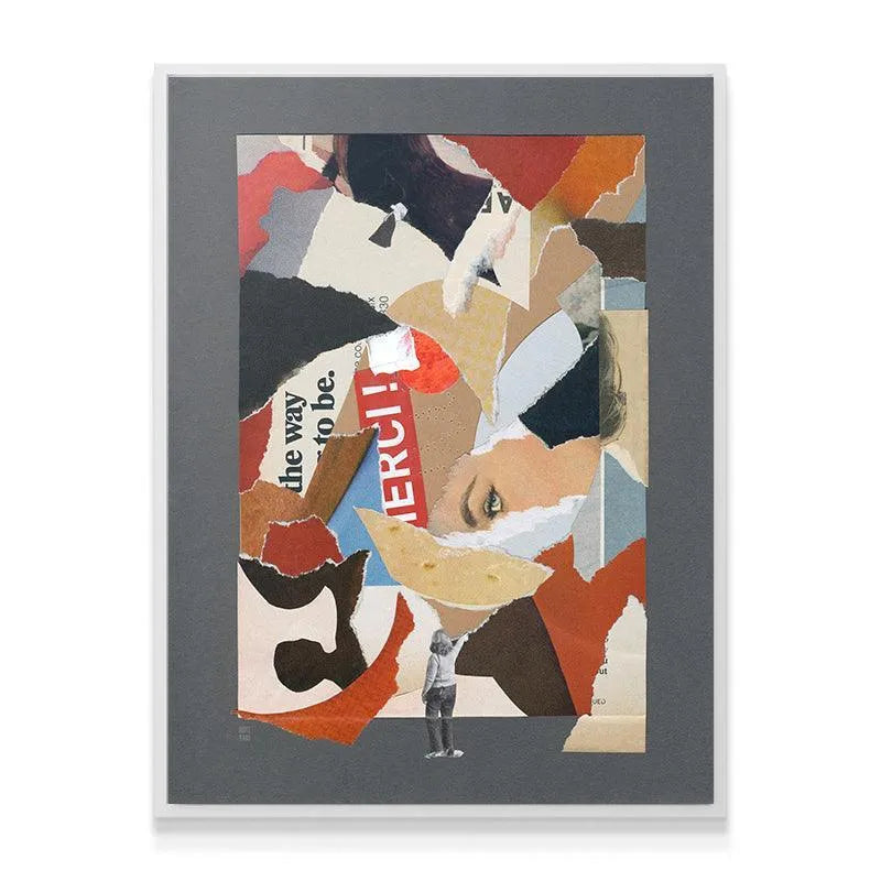 Fragmented female eye visible within the layered abstract design of the "Merci" print.