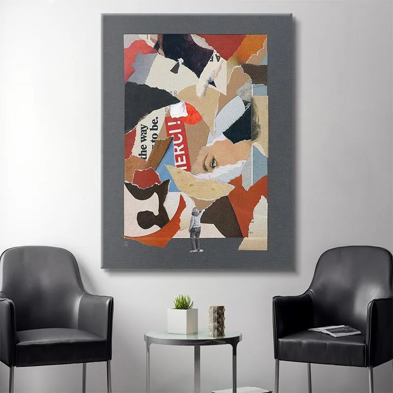 Lifestyle angle showing the framed "Merci" print hanging in a bright, contemporary interior setting.