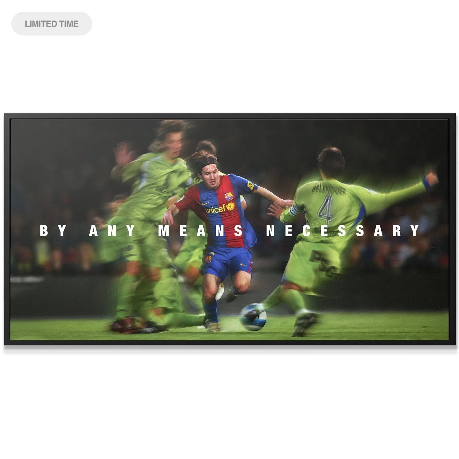 Full-view canvas print showing the dramatic motion blur effect and large text overlay for 'Messi - By Any Means Necessary'.