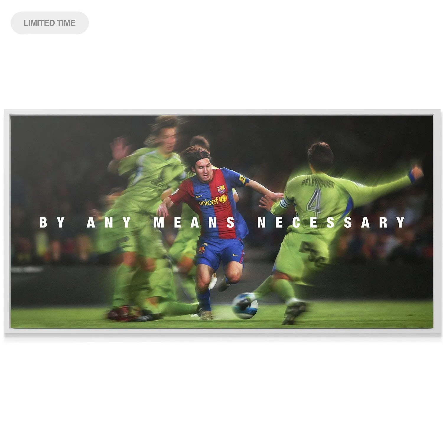 Texture detail of the canvas surface featuring the high-definition action shot for 'Messi - By Any Means Necessary'.