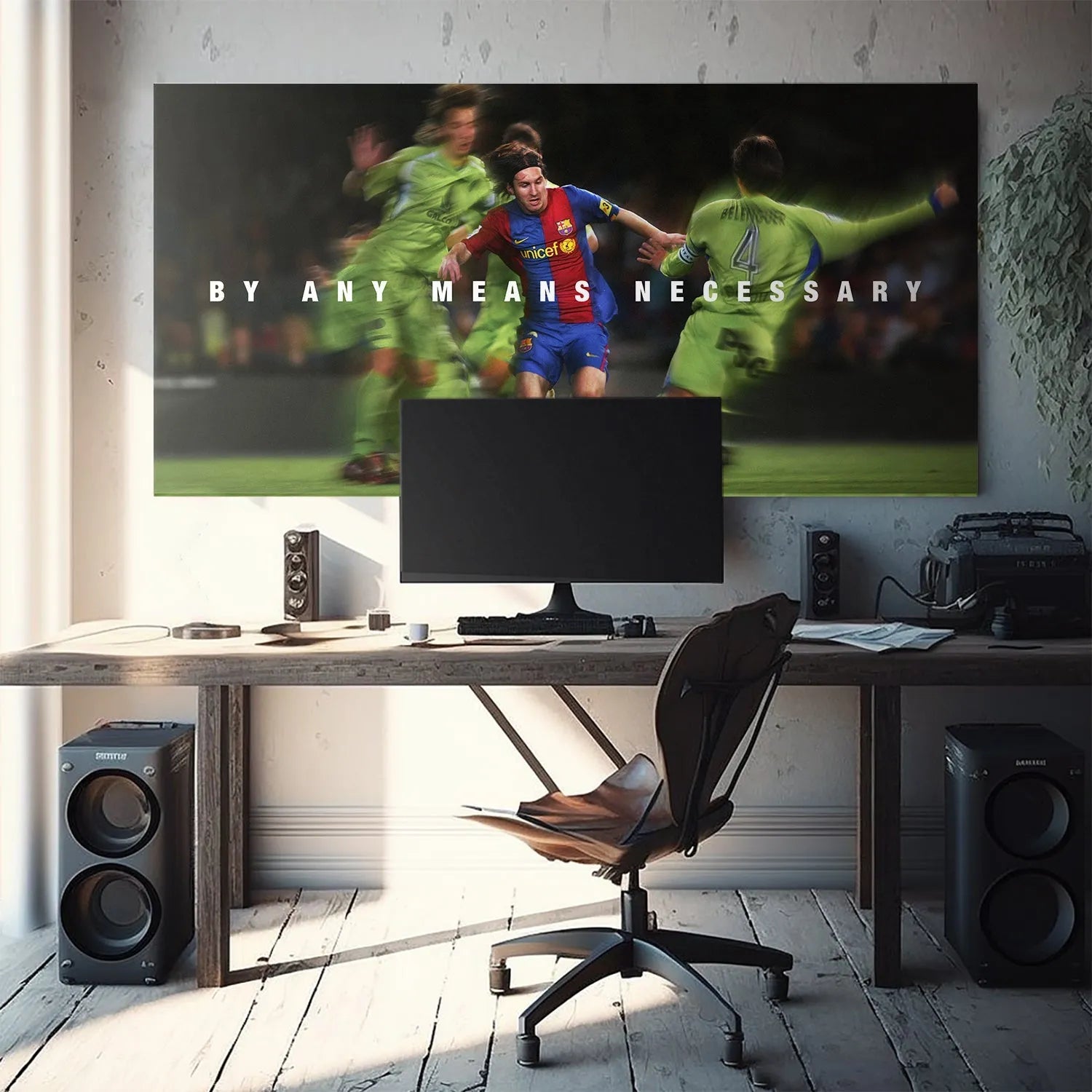 Lifestyle mockup of the artwork hanging in a modern sports den, emphasizing 'Messi - By Any Means Necessary'.