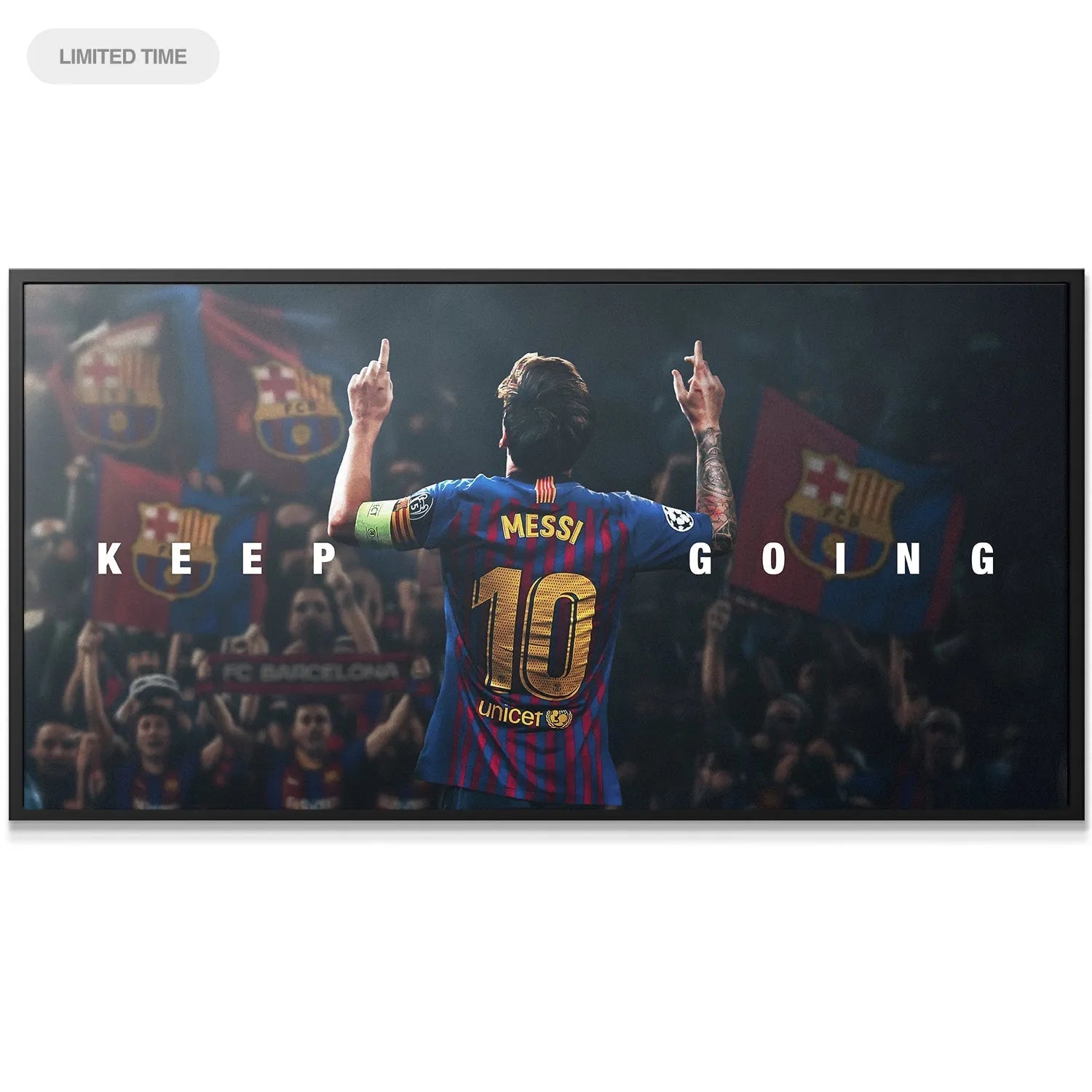 Close-up view of Messi's iconic number 10 jersey texture in the 'Messi - Keep Going' poster.