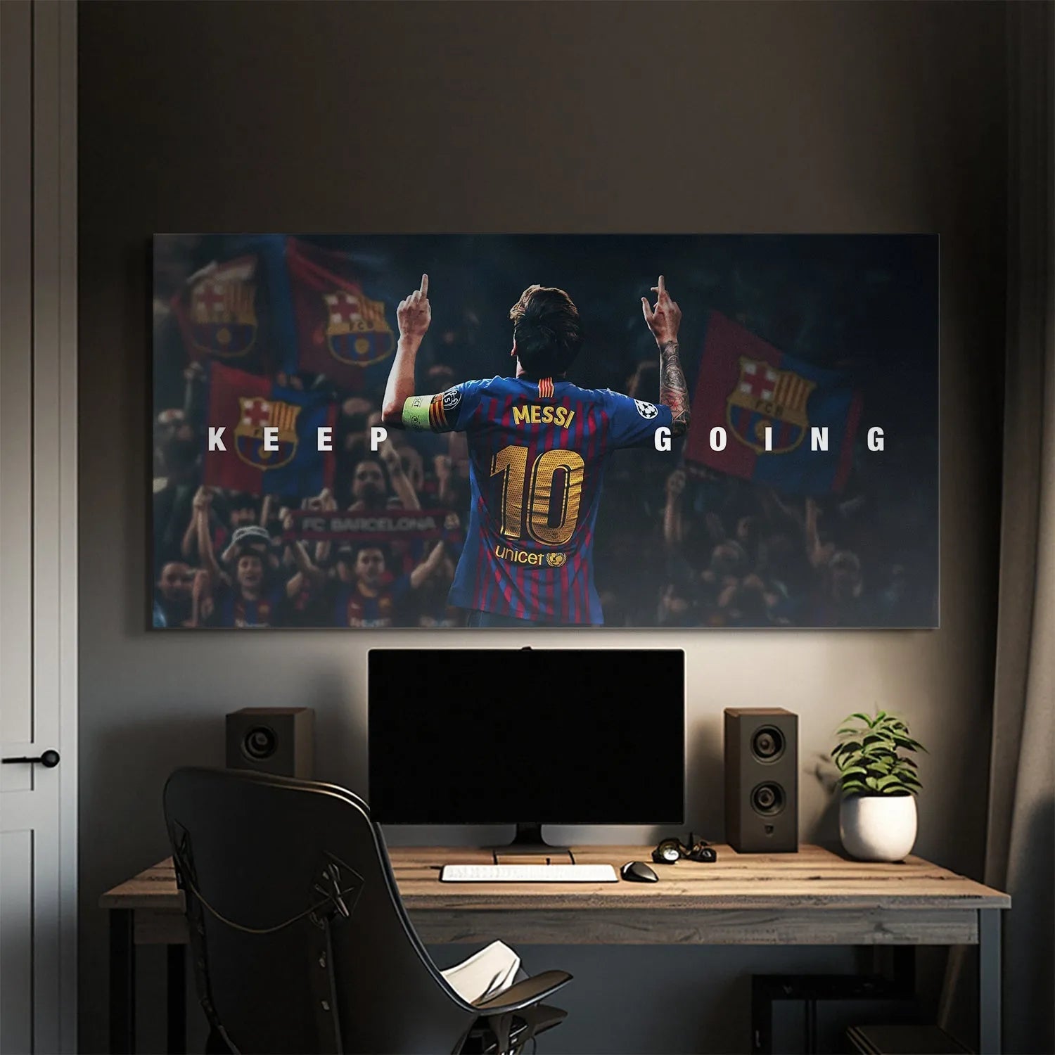 Detailed angle focusing on Messi's tattooed arm and raised fingers in the 'Messi - Keep Going' image.