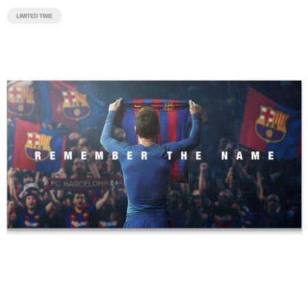 Wide panoramic stadium shot of 'Messi - Remember The Name' capturing the full scope of the crowd reaction.