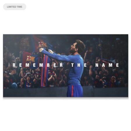 Wide landscape shot showcasing the defining goal celebration moment in the 'Messi - Remember The Name 2' print.