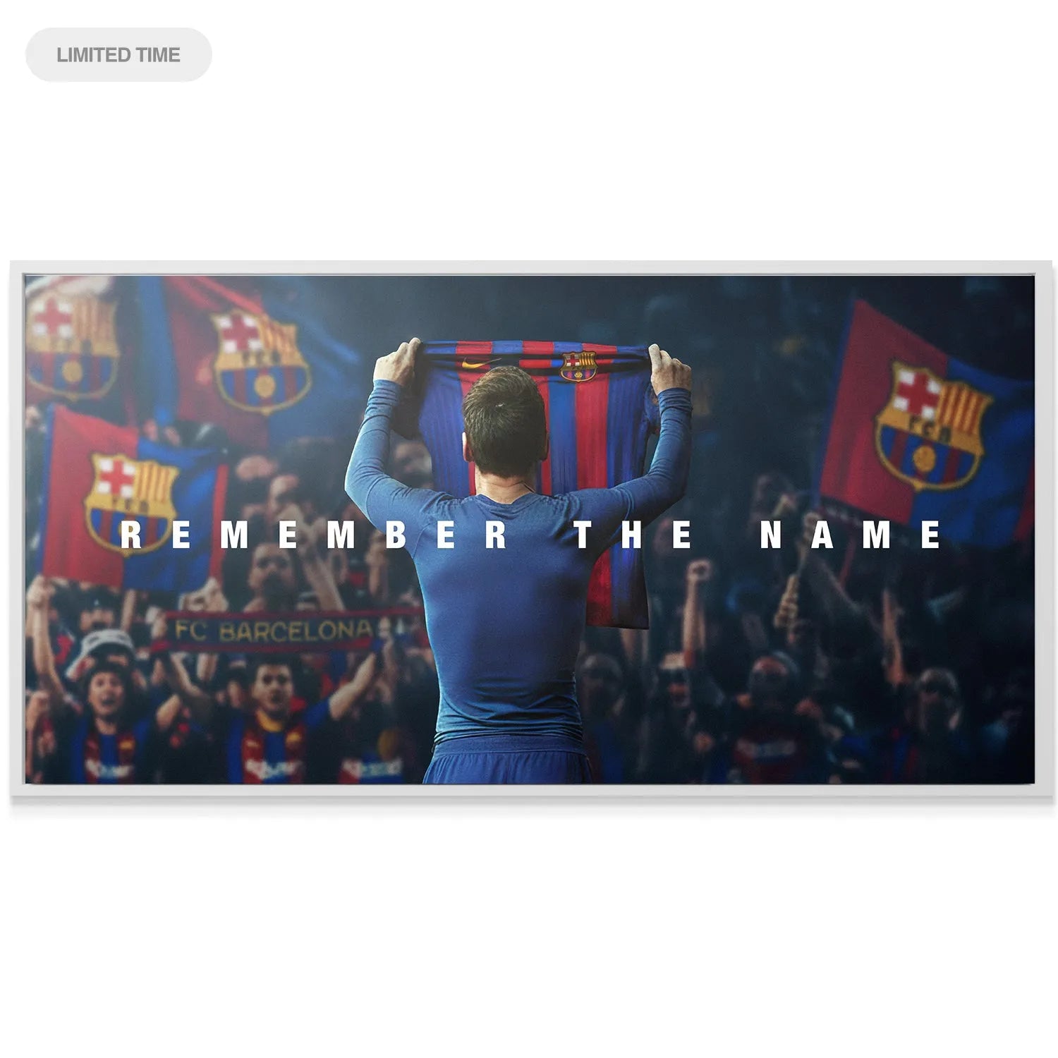 Dramatic low angle lighting illuminating the victorious figure in the iconic 'Messi - Remember The Name' display.