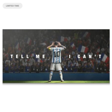 Stadium angle of Lionel Messi with text 'Messi - Tell Me I Can't' overlaid on the pitch.