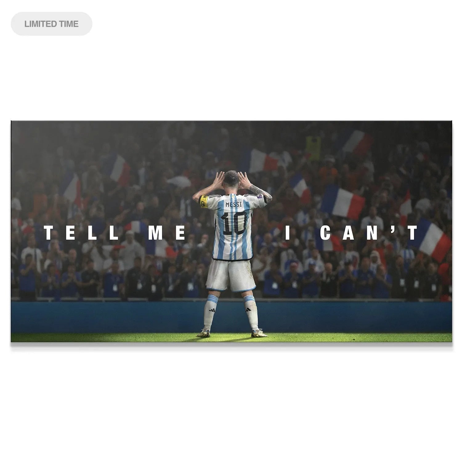 Stadium angle of Lionel Messi with text 'Messi - Tell Me I Can't' overlaid on the pitch.