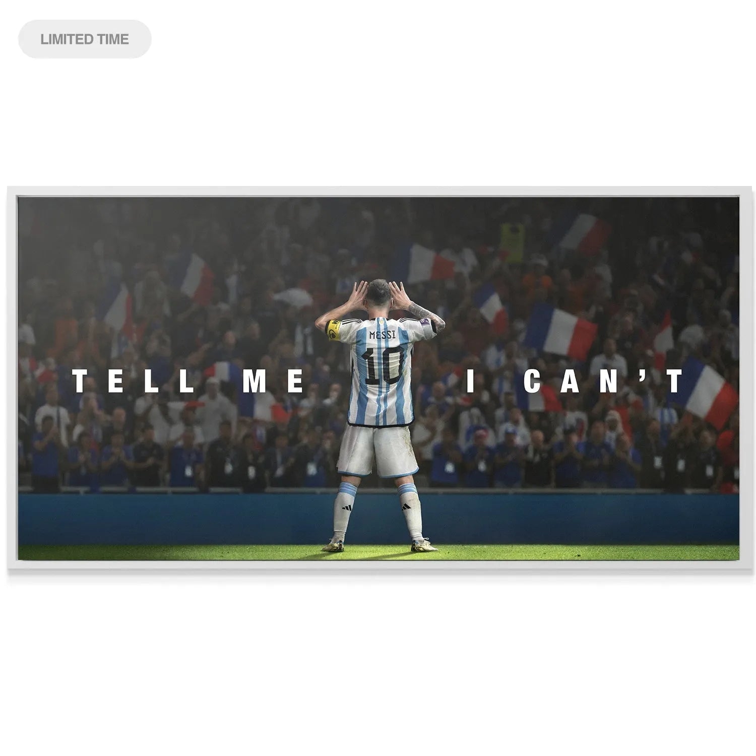 Panoramic shot of the roaring crowd surrounding the defiant figure in the 'Messi - Tell Me I Can't' poster.