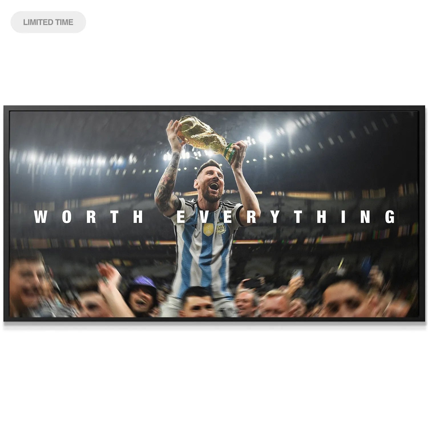 Close-up view of Messi's joyful face and tattooed arm celebrating the victory: Messi - Worth Everything.