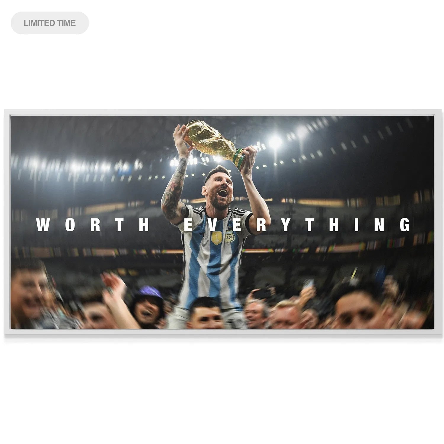 High-angle shot of the World Cup trophy gleaming under stadium lights, titled Messi - Worth Everything.