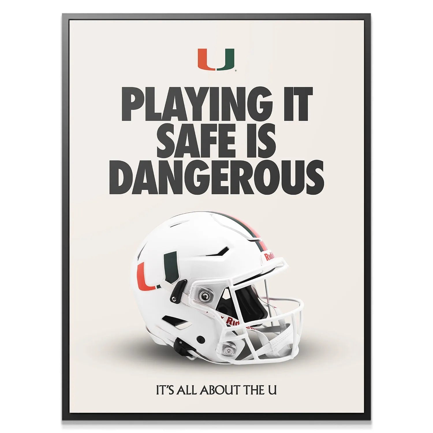 Close-up detail of the U logo and striping on the side of the helmet in the 'Miami - Playing It Safe' poster.