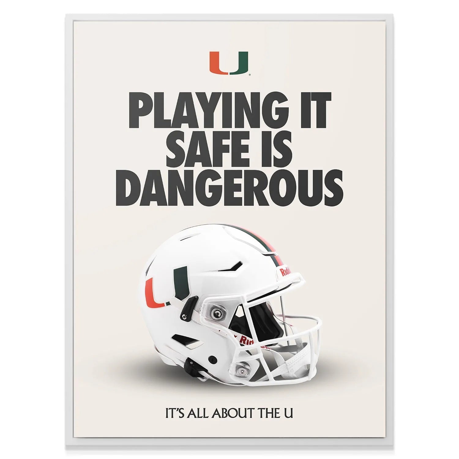 Frontal angle of the white football helmet and face mask displayed prominently in the 'Miami - Playing It Safe' artwork.