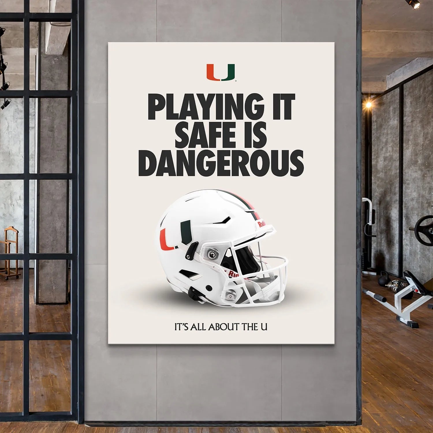 Texture detail of the matte finish and sharp typography on the 'Miami - Playing It Safe' motivational wall poster.
