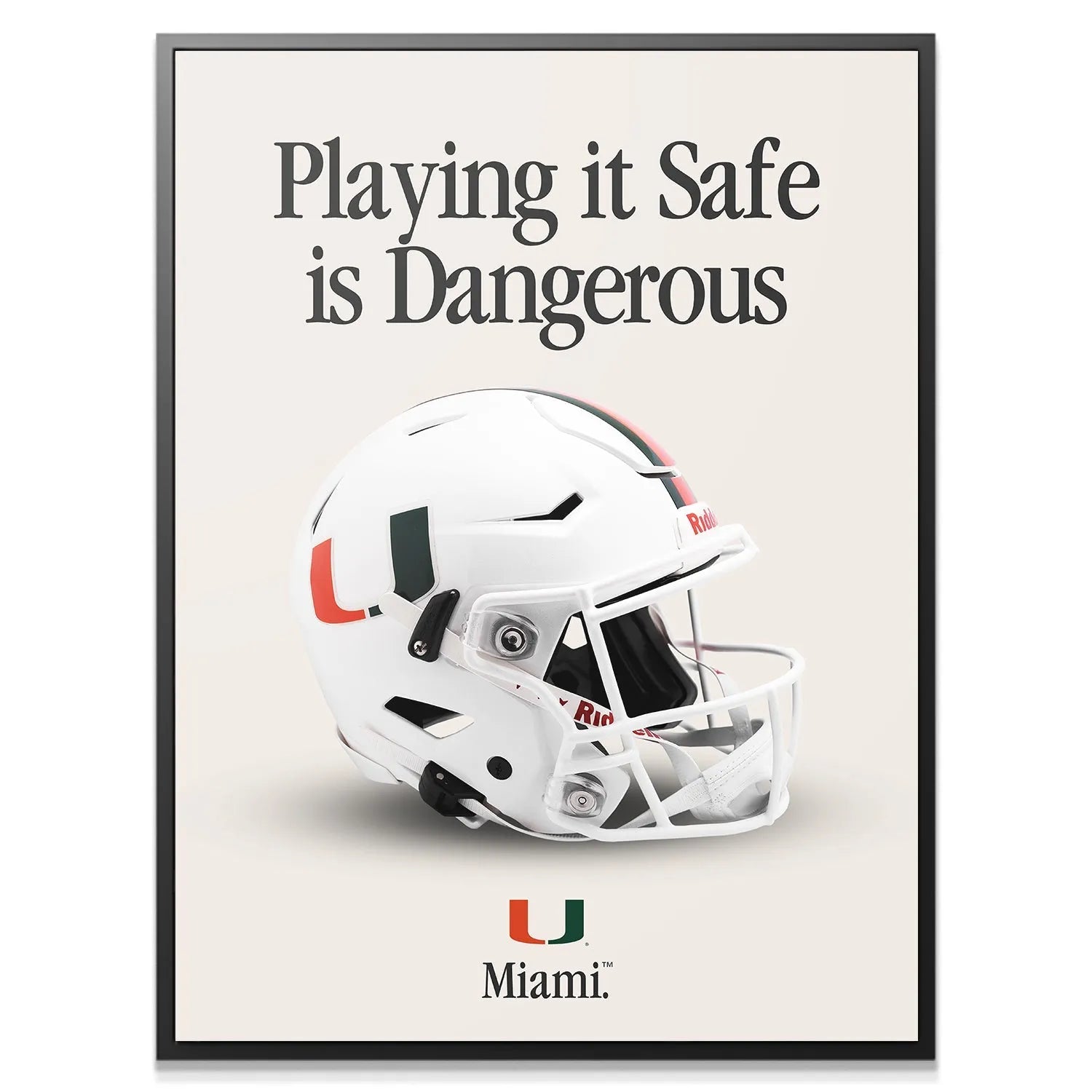 Close-up detail of the white Miami Hurricanes helmet featured on the Miami - Playing It Safe V2 print, focusing on the orange and green decals.