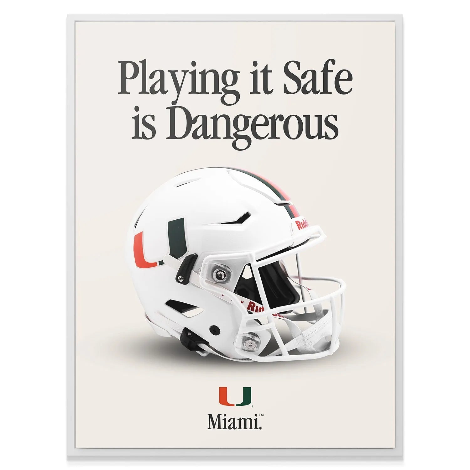 Low-angle shot emphasizing the face mask and chin strap detail of the helmet image within the Miami - Playing It Safe V2 poster design.