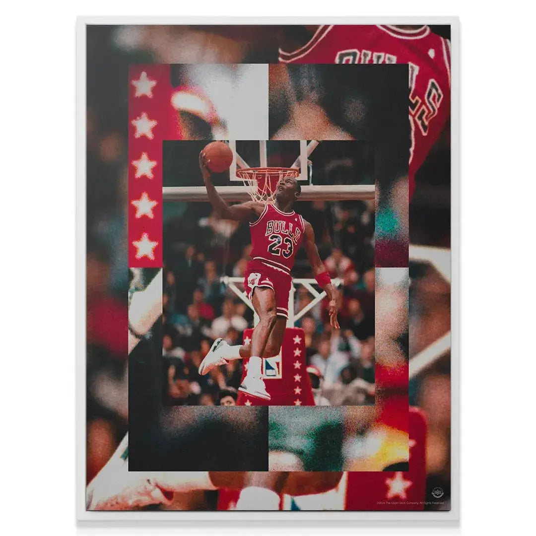 Mid-air action capture of Michael Jordan mid-dunk, emphasized by the patriotic framing of 'Michael Jordan - 180'.
