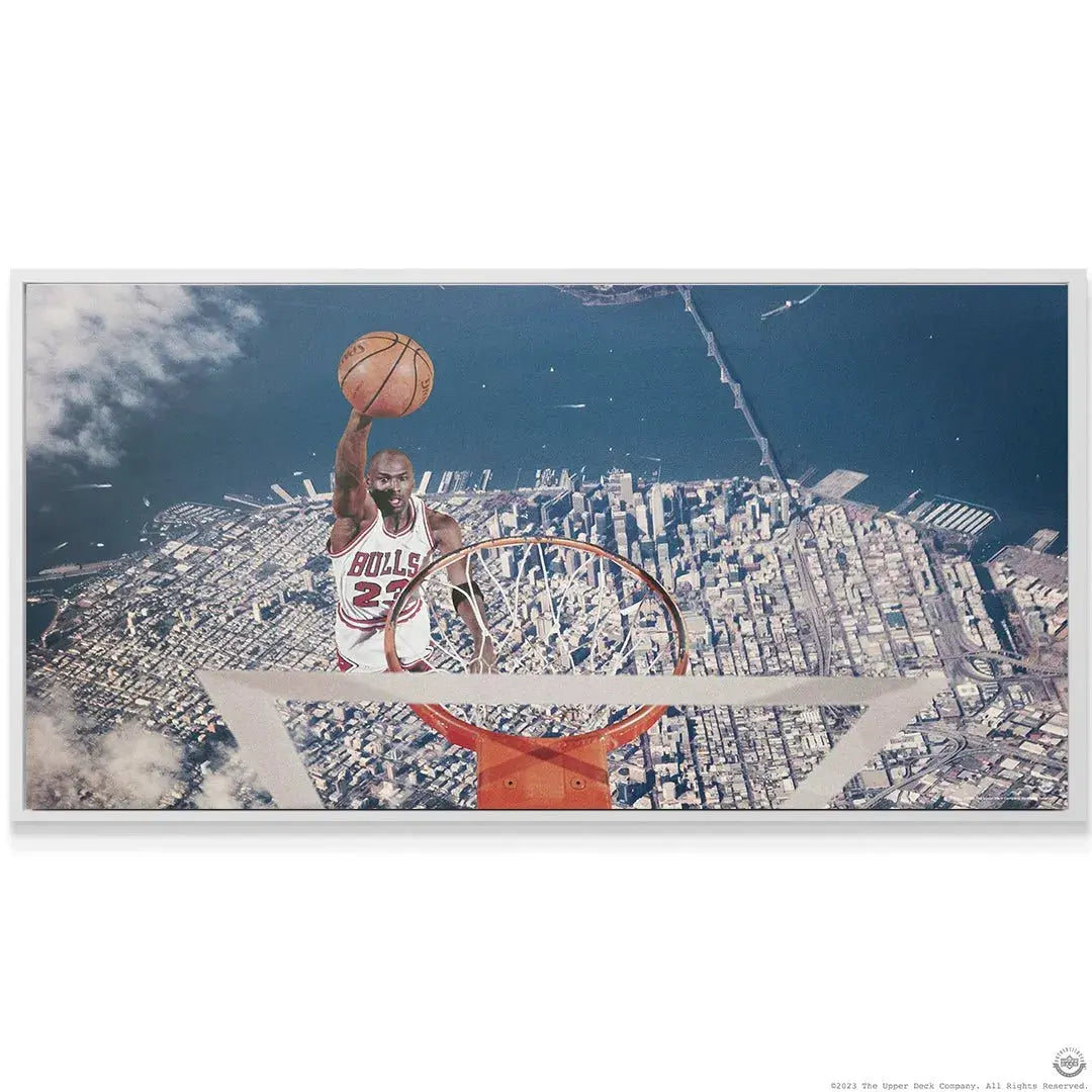 Wide-angle panorama of the Michael Jordan - Birds Eye print, focusing on the dark blue ocean and urban grid below.