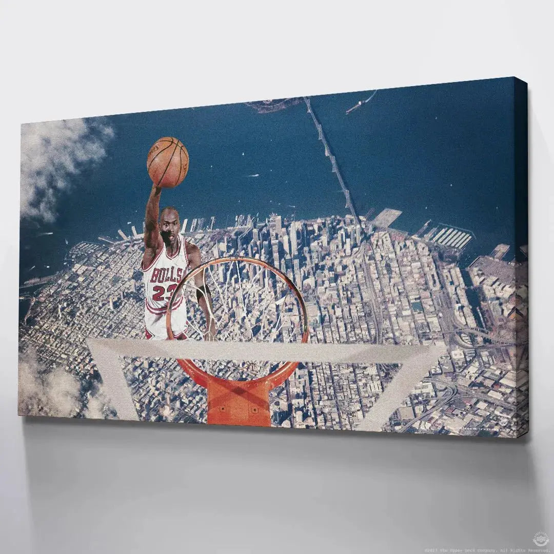 Lifestyle perspective of the Michael Jordan - Birds Eye canvas hanging in a modern living room setting.