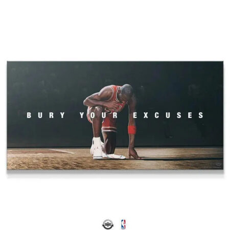 Wide shot of Michael Jordan kneeling on the dark hardwood court, motivational poster: Michael Jordan - Bury Your Excuses.