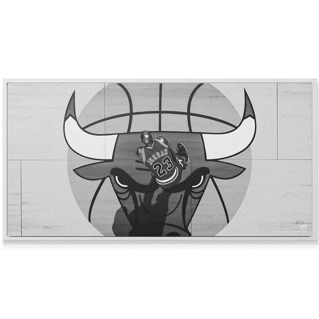 Wide shot emphasizing the stylized wooden floor background design in the Michael Jordan - Center Court canvas print.