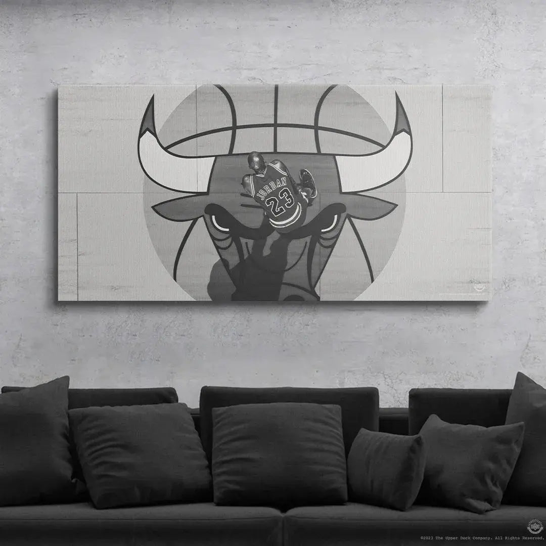 Monochromatic poster depicting the iconic dunk silhouette featured prominently in Michael Jordan - Center Court wall art.