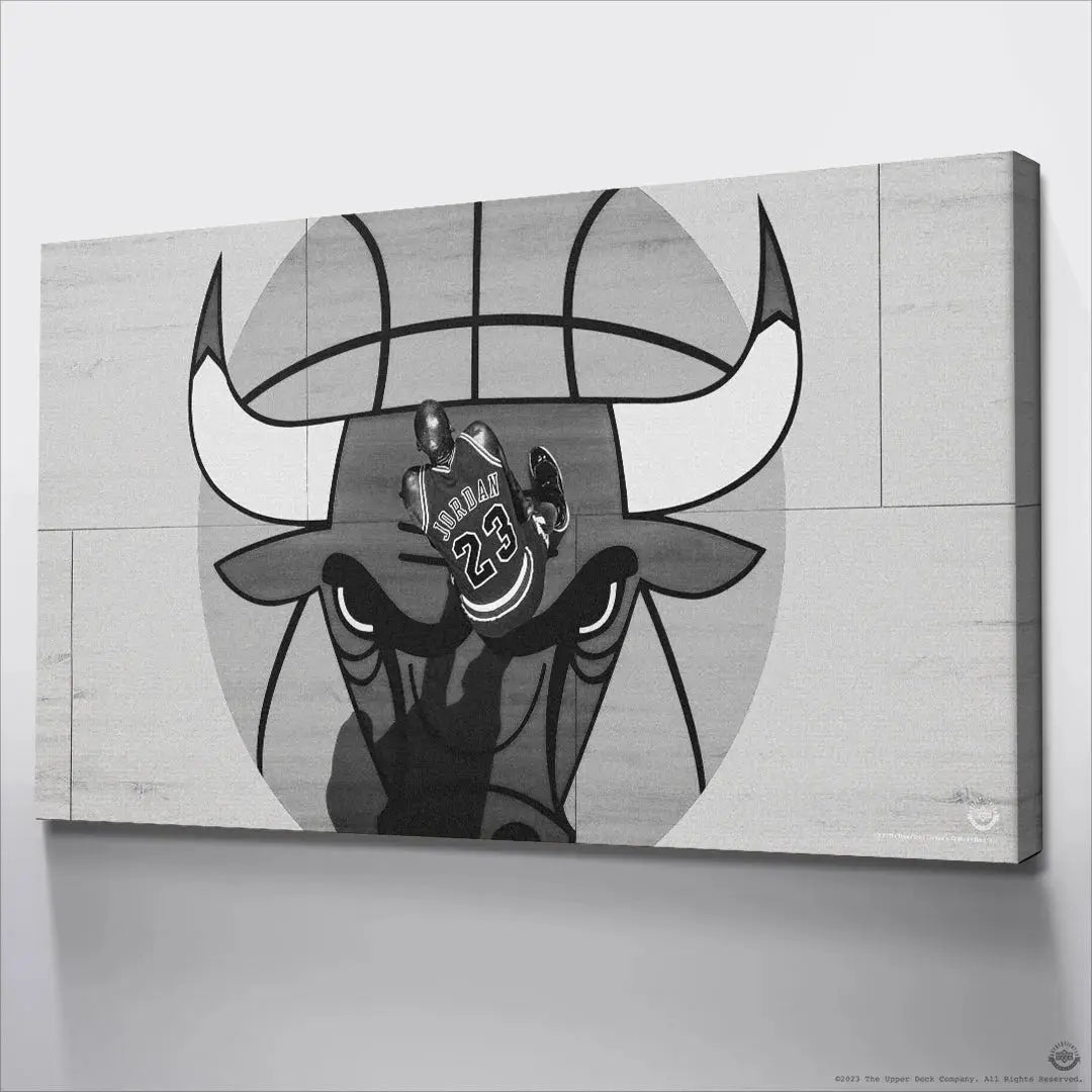 Detail of the 'JORDAN 23' jersey lettering and signature jump pose on the Michael Jordan - Center Court image.