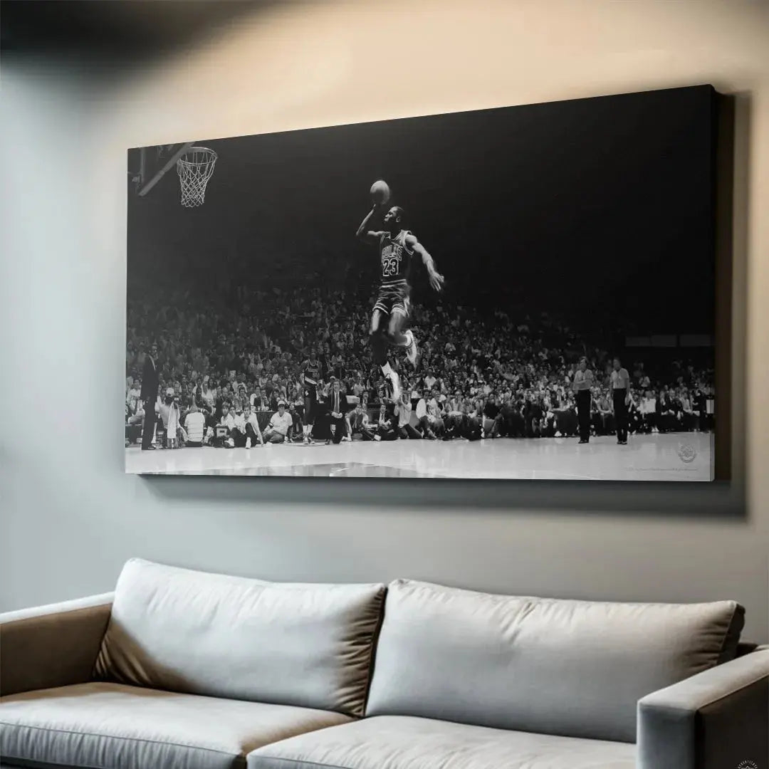 Vintage textured canvas representation of Michael Jordan - Elevation highlighting the arena's moody lighting.