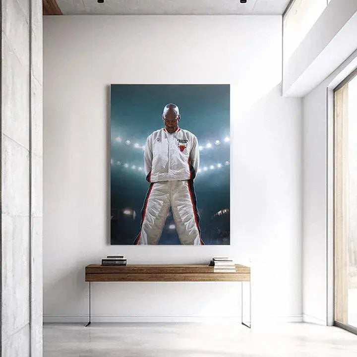 Low-angle view emphasizing the powerful presence of Michael Jordan - Encore on the court.