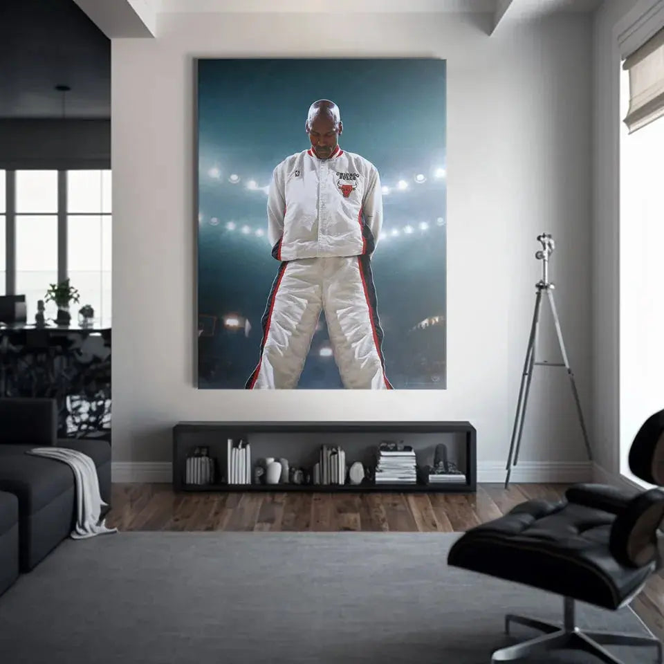 Artwork featuring Michael Jordan - Encore in Chicago Bulls gear, highlighting the logo embroidery.
