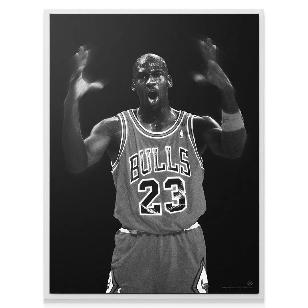 A lifestyle mock-up of the 'Michael Jordan - Energy' artwork hanging in a modern sports room.