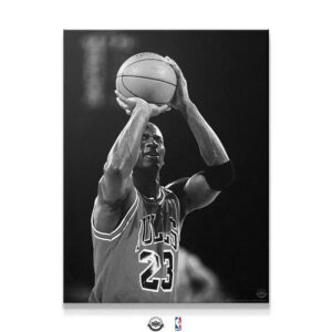 Michael Jordan – Eyes Closed Wall Art Full canvas view of Michael Jordan - Eyes Closed capturing his legendary shooting form and focus.